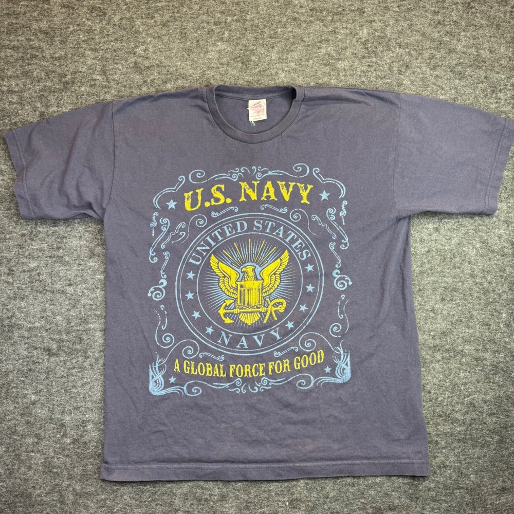 Vintage US Navy T-Shirt Bayside Mens L Blue Global Force For Good Made in USA